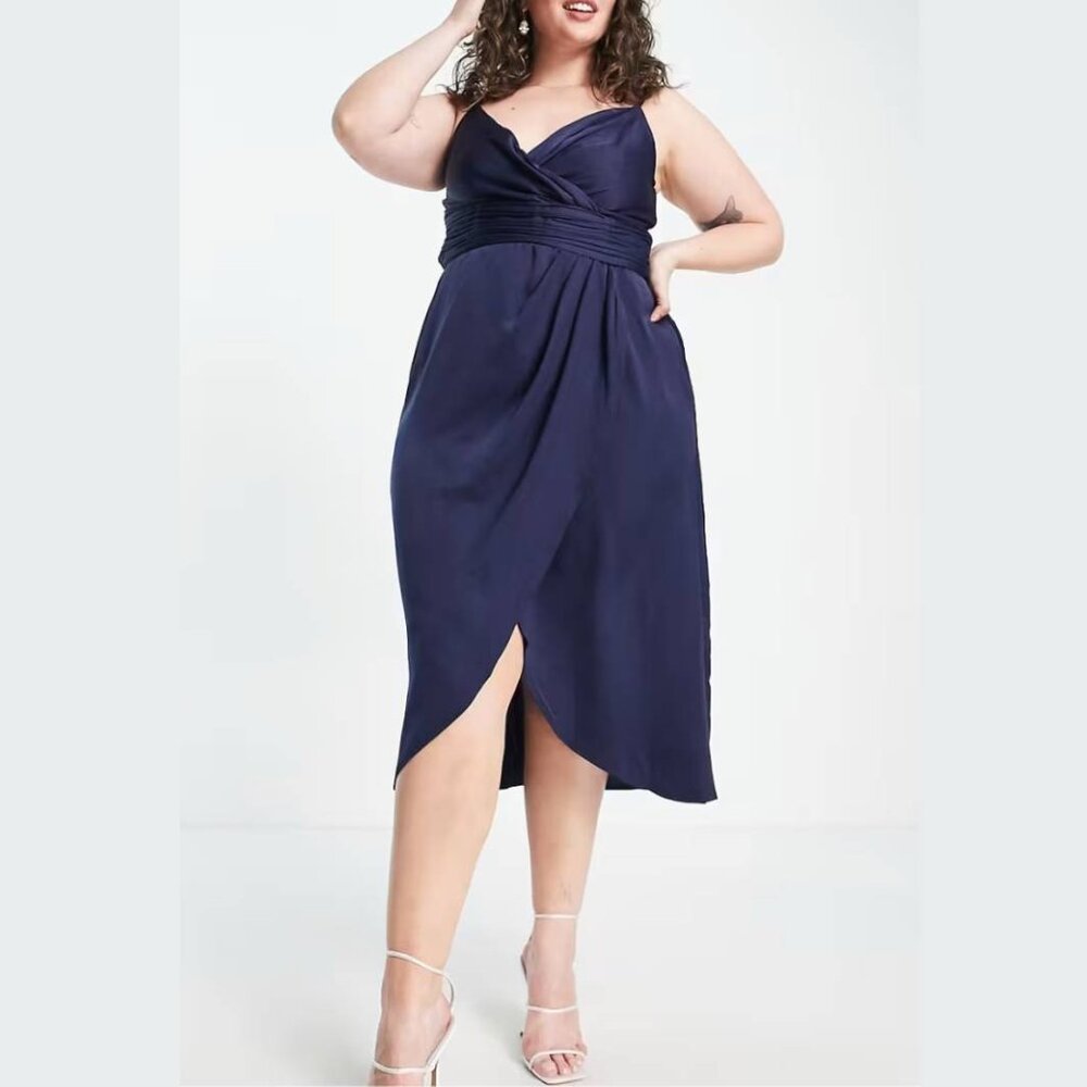 Little Mistress Plus satin wrap midi dress navy blue side slit pleated smocked